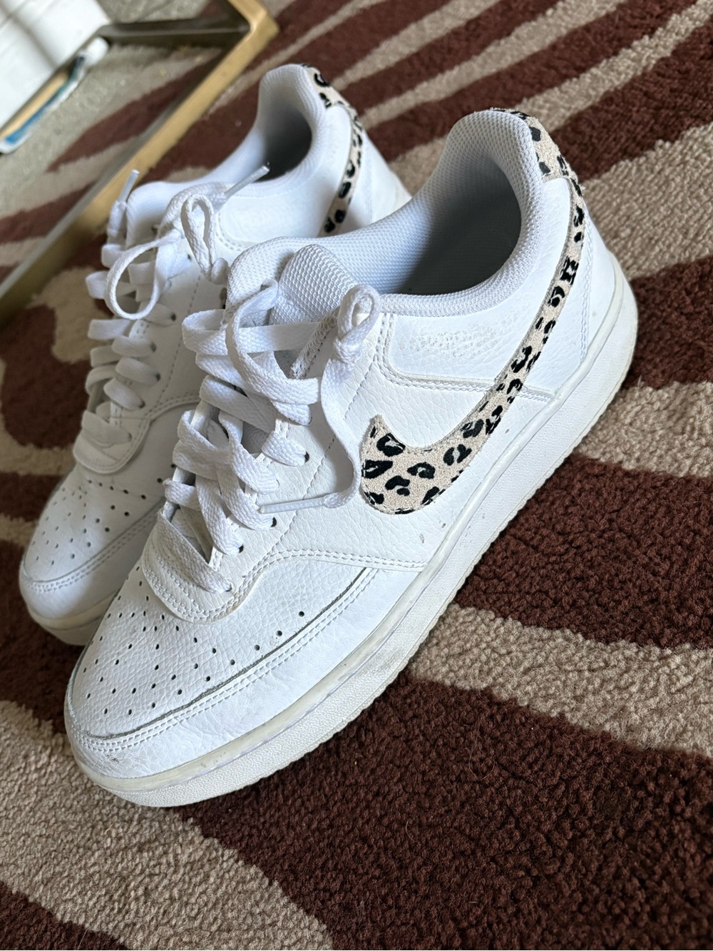 Nike White Leather Low-Top Sneakers with Leopard Swoosh